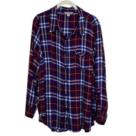 Lucky Brand Womens Flannel Shirt 1X Burgundy Blue Plaid Button Back Peplum Hem - Picture 1 of 7